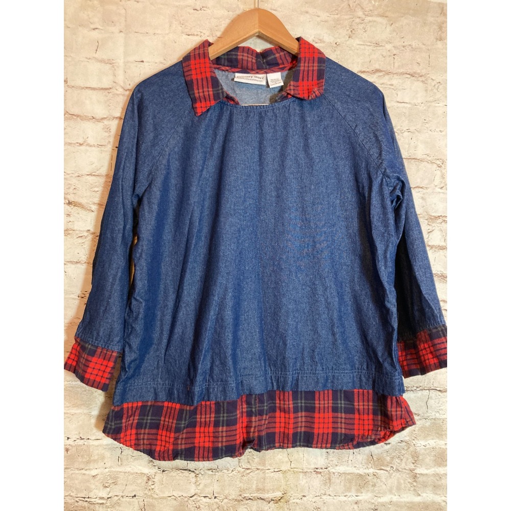 Vintage Country Store Denim Top Womens Large Flannel Trim Country Cottage Cotton